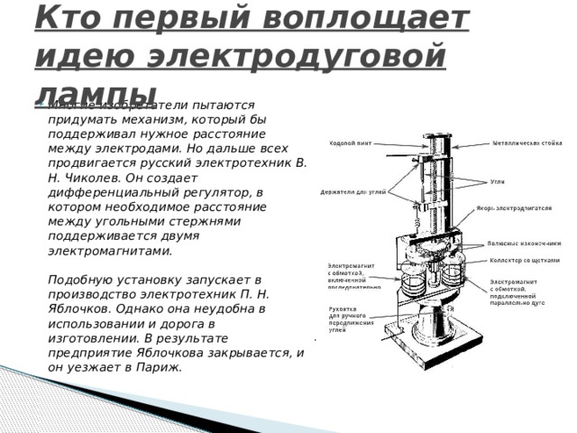 Кто первый воплощает идею электродуговой лампы Многие изобретатели пытаются придумать механизм, который бы поддерживал нужное расстояние между электродами. Но дальше всех продвигается русский электротехник В. Н. Чиколев. Он создает дифференциальный регулятор, в котором необходимое расстояние между угольными стержнями поддерживается двумя электромагнитами.   Подобную установку запускает в производство электротехник П. Н. Яблочков. Однако она неудобна в использовании и дорога в изготовлении. В результате предприятие Яблочкова закрывается, и он уезжает в Париж. 