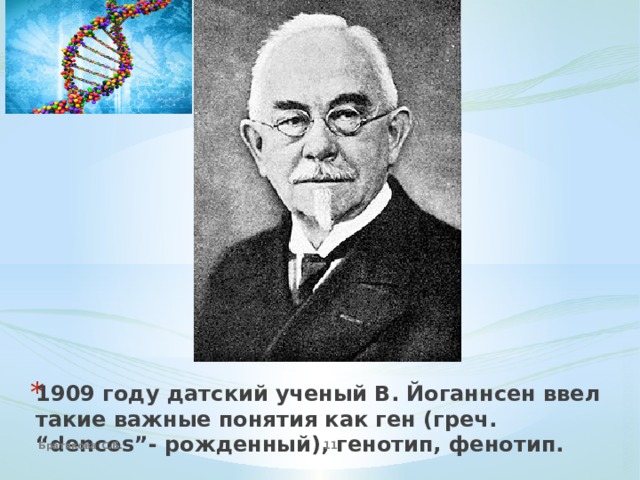 1909 году датский ученый В. Йоганнсен ввел такие важные понятия как ген (греч. “dencos”- рожденный), генотип, фенотип. Братякова С.Б.  