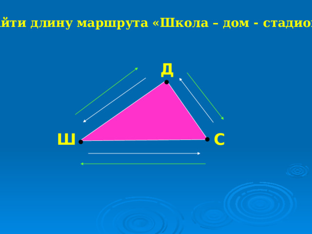 • • • Найти длину маршрута «Школа – дом - стадион» Д Ш С 
