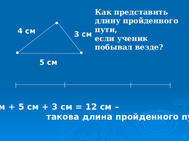 Как представить длину пройденного пути, если ученик побывал везде? • 4 см 3 см • • 5 см │ │ │ │ 4 см + 5 см + 3 см = 12 см –  такова длина пройденного пути 