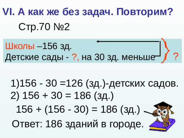 VI. А как же без задач. Повторим? Стр.70 №2 Школы –156 зд. Детские сады  - ?, на 30 зд. меньше ? 1)156 - 30 =126 (зд.)-детских садов. 2) 156 + 30 = 186 (зд.) 156 + (156 - 30) = 186 (зд.) Ответ: 186 зданий в городе. 
