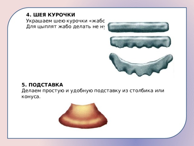 4. ШЕЯ КУРОЧКИ Украшаем шею курочки «жабо». Для цыплят жабо делать не нужно. 5. ПОДСТАВКА Делаем простую и удобную подставку из столбика или конуса. 