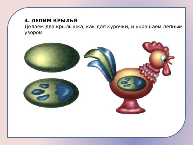 4. ЛЕПИМ КРЫЛЬЯ Делаем два крылышка, как для курочки, и украшаем лепным узором 