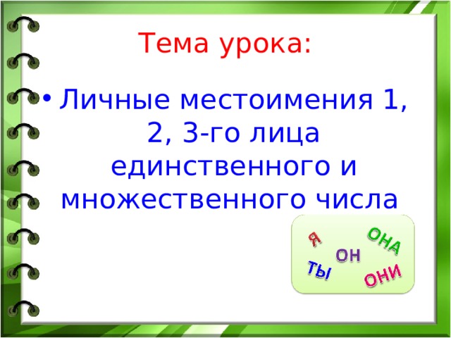 Тема урока: Личные местоимения 1, 2, 3-го лица  единственного и множественного числа  