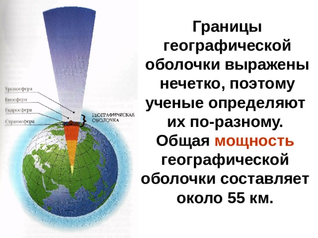 Границы  географической оболочки выражены  нечетко, поэтому ученые определяют их по-разному.  Общая мощность  географической оболочки составляет около 55 км. 
