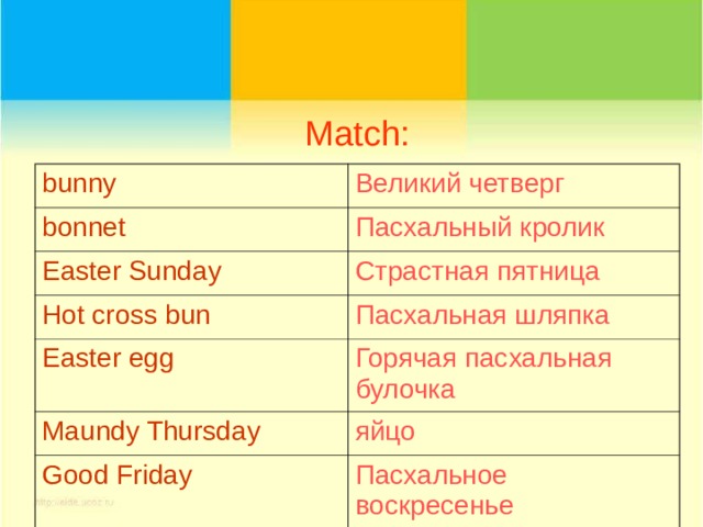 Match: bunny Великий четверг bonnet Пасхальный кролик Easter Sunday Страстная пятница Hot cross bun Пасхальная шляпка Easter egg Горячая пасхальная булочка Maundy Thursday яйцо Good Friday Пасхальное воскресенье 