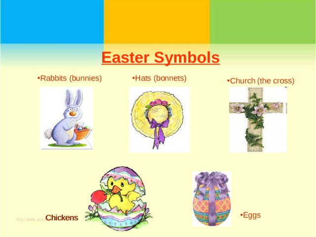 Easter Symbols Hats (bonnets) Rabbits (bunnies) Church (the cross) Eggs Chickens 