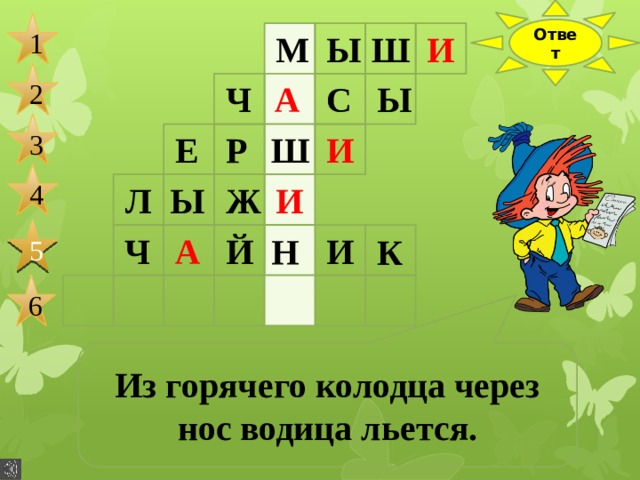 Ответ 1 М Ы Ш И 2 А С Ы Ч 3 Е Р Ш И 4 Л Ы Ж И 5 Ч А Й И Н К 6 Из горячего колодца через нос водица льется. 