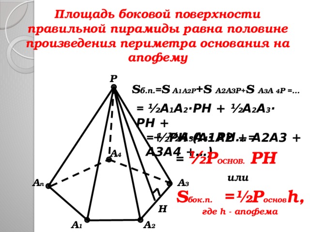Площадь боковой поверхности правильной пирамиды равна половине произведения периметра основания на апофему P S б.п. = S A 1 A 2 P +S A 2 A 3 P+ S A 3 A 4 P =…   = ½A 1 A 2 ·PH + ½A 2 A 3 · PH +  + ½A 3 A 4 · PH…= =  ½PH·(A1A2 + A2A3 + A3A4 +…) A 4 = ½ P ОСНОВ. PH   или  A 3 A n S бок.п. =½P основ h, где h - апофема H A 2 A 1 