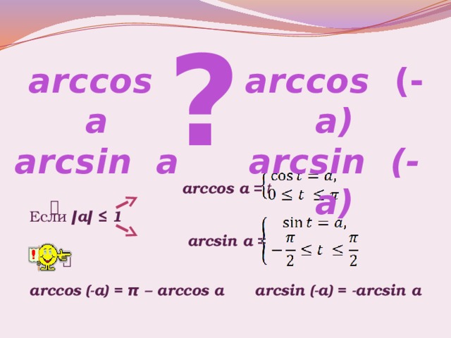 ? arccos  a arccos (- a) arcsin a arcsin (-a)  arccos a  = t    Если ǀаǀ ≤ 1  arcsin a  = t    arccos (-a) = π – arccos a arcsin (-a) = -arcsin a 