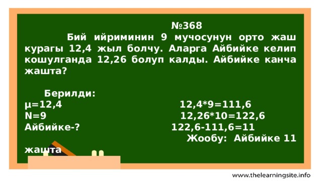 № 368  Бий ийриминин 9 мучосунун орто жаш курагы 12,4 жыл болчу. Аларга Айбийке келип кошулганда 12,26 болуп калды. Айбийке канча жашта?   Берилди: µ=12,4 12,4*9=111,6 N=9 12,26*10=122,6 Айбийке-? 122,6-111,6=11  Жообу: Айбийке 11 жашта  