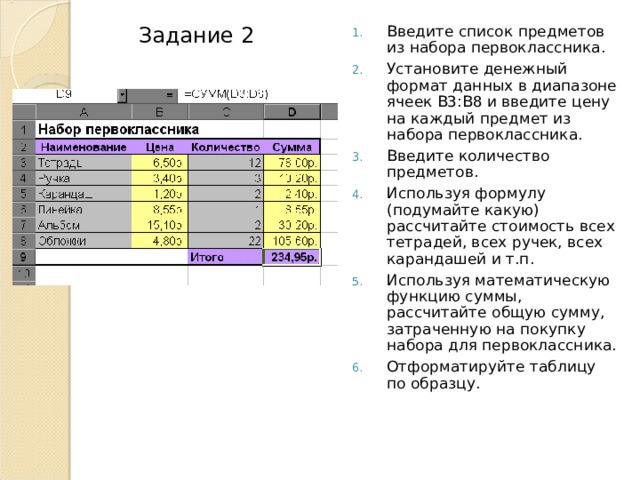 Денежный формат. Денежный Формат данных в электронных таблицах. Мастер функции электронных таблиц. Денежный Формат в электронной таблице. Введите список предметов из набора первоклассника.