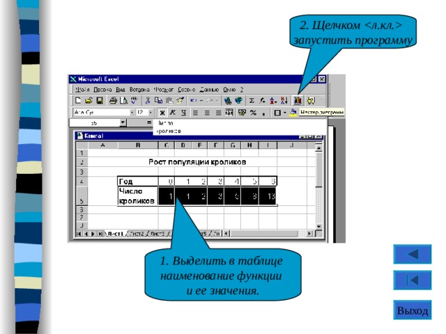 2. Щелчком   запустить программу 1. Выделить в таблице  наименование функции  и ее значения. Выход 