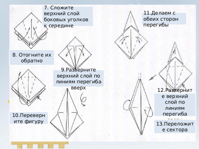 7. Сложите верхний слой боковых уголков к середине 11.Делаем с обеих сторон перегибы 8. Отогните их обратно 9.Разверните верхний слой по линиям перегиба вверх 12.Разверните верхний слой по линиям перегиба вверх 10.Переверните фигуру 13.Переложите сектора 