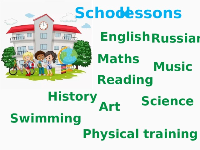 School lessons English Russian Maths Music Reading History Science Art Swimming Physical training 