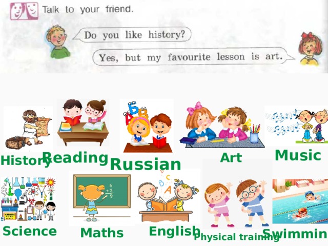 School lessons Music Reading Art History Russian English Science Maths Swimming Physical training 