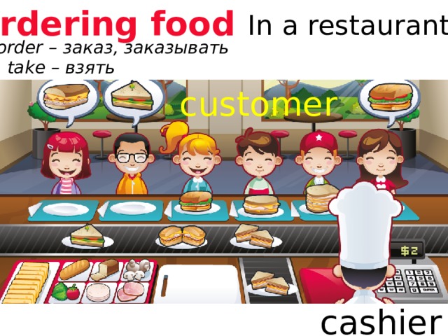 Ordering food In a restaurant order – заказ, заказывать take – взять customer cashier 