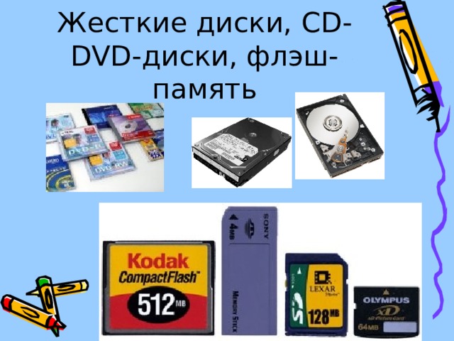 Жесткие диски, CD-DVD- диски, флэш-память