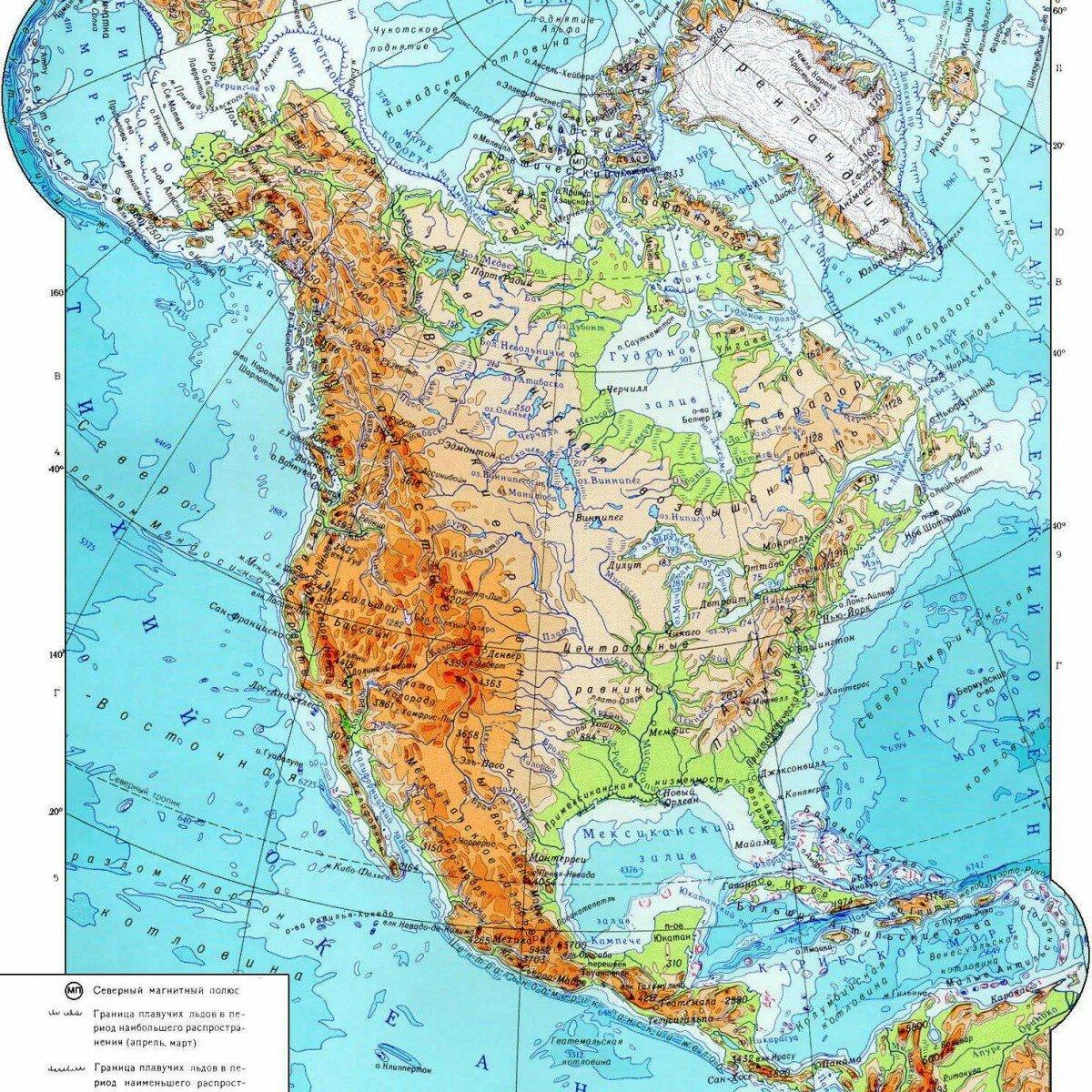 Карта Северной Америки географическая