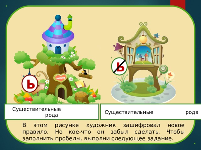 Ь Ь Существительные женского рода Существительные мужского рода В этом рисунке художник зашифровал новое правило. Но кое-что он забыл сделать. Чтобы заполнить пробелы, выполни следующее задание. 