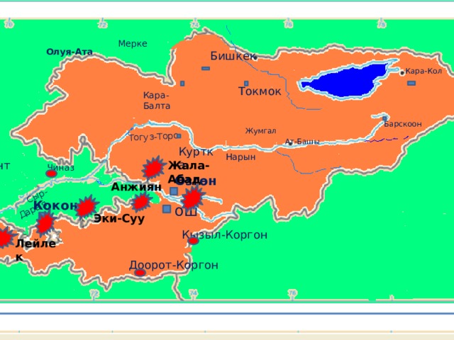 Тогуз-Торо  Олуя-Ата  Сыр-Дарыя Мерке Бишкек Кара-Кол Токмок Кара-Балта Барскоон  Жумгал Ат-Башы Куртка Нарын Чиназ Жала-Абад Ташкент Өзгөн Анжиян Кокон ош Эки-Суу Кызыл-Коргон Лейлек Доорот-Коргон 6 