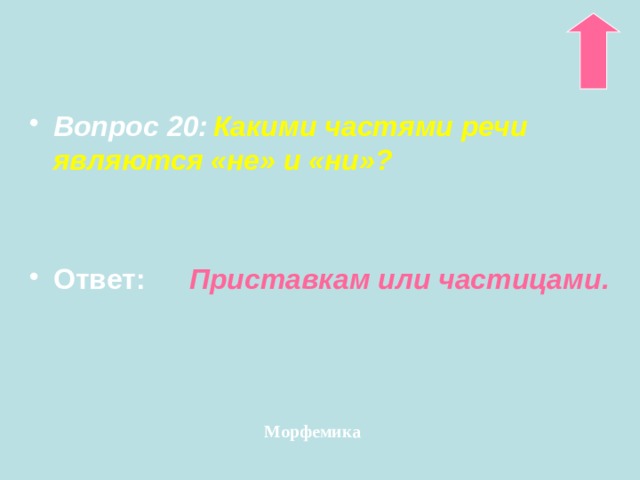 Вопрос 20:  Какими частями речи являются «не» и «ни»?   Ответ:    Приставкам или частицами. Морфемика 