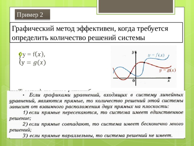 Пример 2 Графический метод эффективен, когда требуется определить количество решений системы   Т.к. графики имеют три общие точки, то система уравнений имеет три решения 