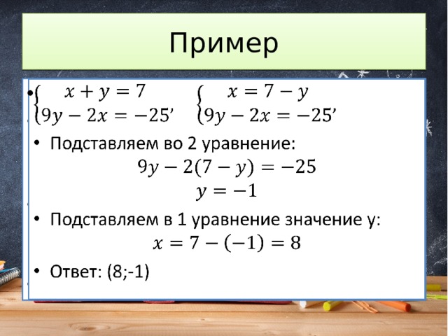 Пример   Подставляем во 2 уравнение: Подставляем в 1 уравнение значение y: Ответ: (8;-1) 