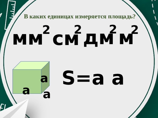 В каких единицах измеряется площадь? 2 2 2 2 м дм мм см  S=a a а а а 