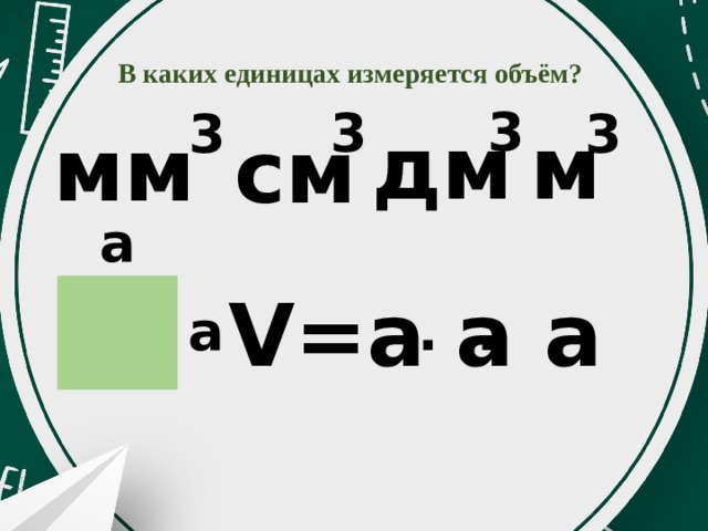 В каких единицах измеряется объём? 3 3 3 3 м дм мм см а  V=a a a . . а 