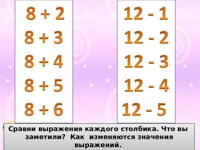 Сравни выражения каждого столбика. Что вы заметили? Как изменяются значения выражений. Продолжи первый столбик. Как к 8 + 7 ? 