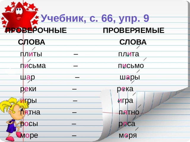 Учебник, с. 66, упр. 9 ПРОВЕРОЧНЫЕ ПРОВЕРЯЕМЫЕ  СЛОВА СЛОВА   пл и ты – пл и та  п и сьма – п и сьмо  ш а р – ш а ры  р е ки – р е ка  и гры – и гра  п я тна – п я тно  р о сы – р о са  м о ре – м о ря 