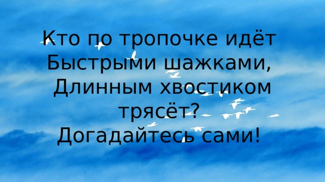 Кто по тропочке идёт  Быстрыми шажками,  Длинным хвостиком трясёт?  Догадайтесь сами! 