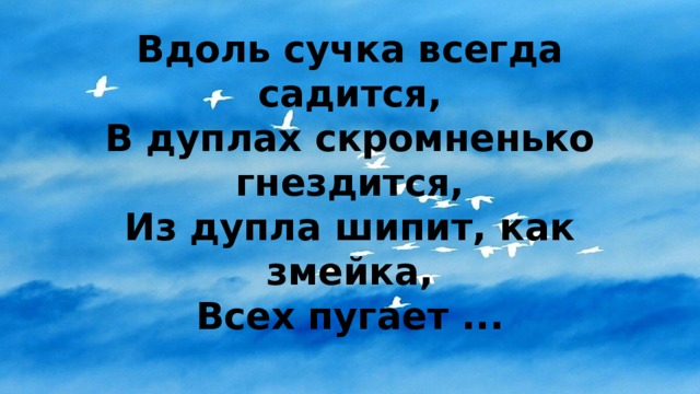 Вдоль сучка всегда садится,  В дуплах скромненько гнездится,  Из дупла шипит, как змейка,  Всех пугает ... 