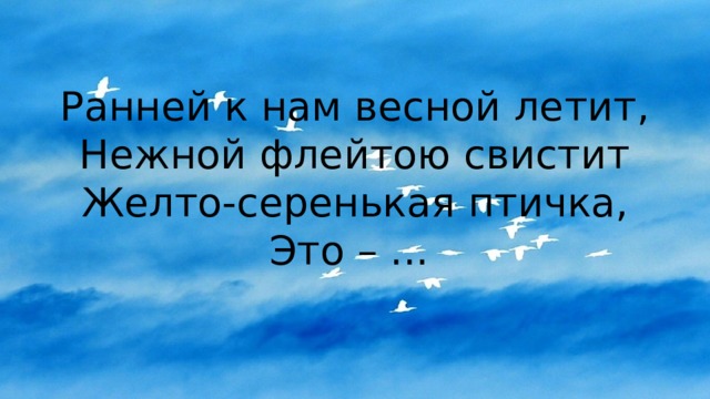 Ранней к нам весной летит,  Нежной флейтою свистит  Желто-серенькая птичка,  Это – ...  