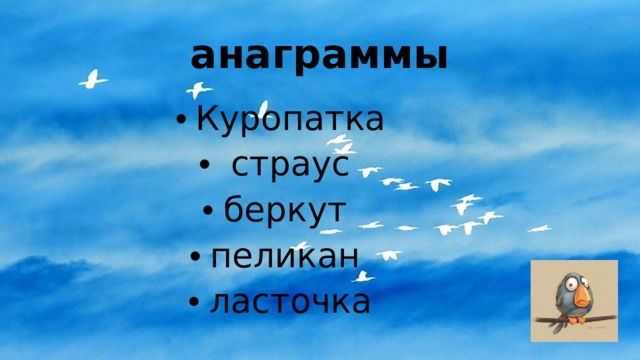 анаграммы Куропатка  страус беркут пеликан ласточка 