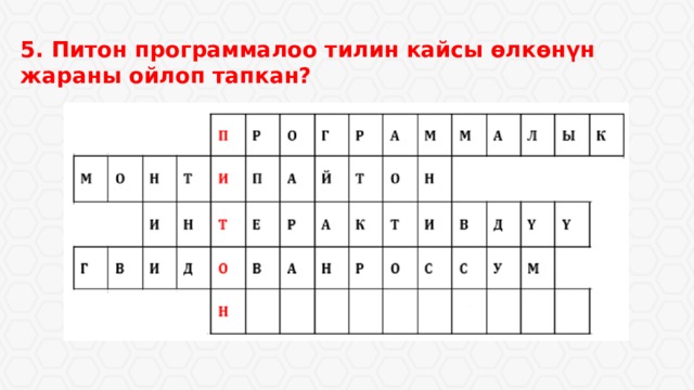 5. Питон программалоо тилин кайсы ѳлкѳнүн жараны ойлоп тапкан? 