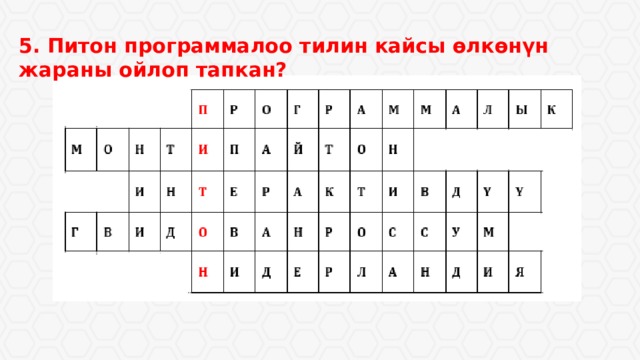 5. Питон программалоо тилин кайсы ѳлкѳнүн жараны ойлоп тапкан? 