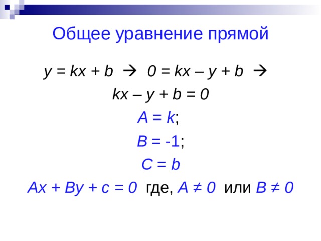 Общее уравнение прямой y = kx + b   0 = kx – y + b   kx – y + b = 0 A = k ; B = -1 ; C = b Ax + By + c = 0 где, А  ≠  0  или В  ≠  0 
