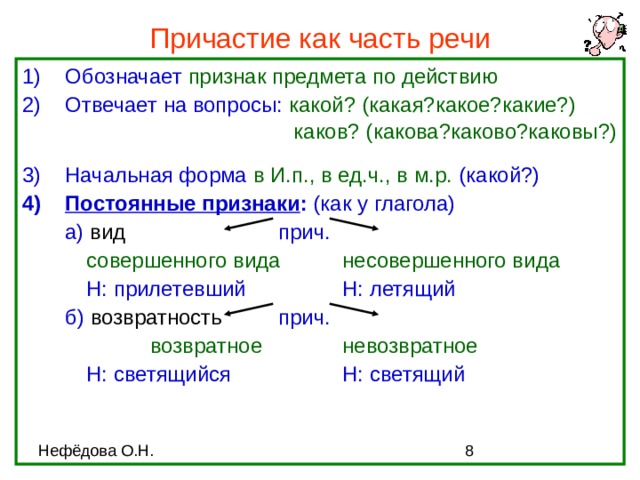 Причастие как часть речи Обозначает признак предмета по действию Отвечает на вопросы: какой? (какая?какое?какие?)  каков? (какова?каково?каковы?)   каков? (какова?каково?каковы?)   каков? (какова?каково?каковы?)   каков? (какова?каково?каковы?)   каков? (какова?каково?каковы?)  Начальная форма в И.п., в ед.ч., в м.р. (какой?) Постоянные признаки : (как у глагола)  а) вид    прич.   совершенного вида  несовершенного вида   Н: прилетевший   Н: летящий  б) возвратность  прич.    возвратное   невозвратное   Н: светящийся   Н: светящий 