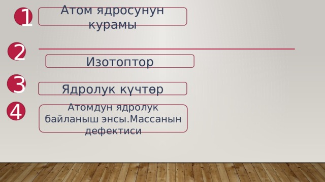 1 Атом ядросунун курамы 2 Изотоптор 3 Ядролук күчтөр 4 Атомдун ядролук байланыш энсы.Массанын дефектиси 