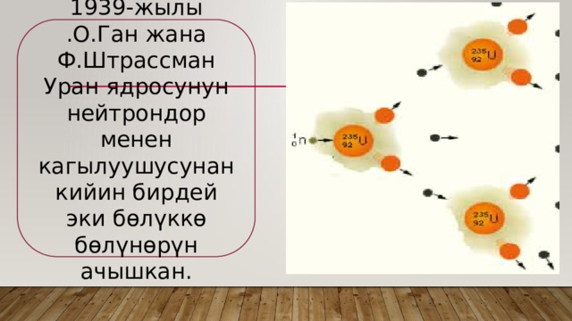 1939-жылы .О.Ган жана Ф.Штрассман Уран ядросунун нейтрондор менен кагылуушусунан кийин бирдей эки бөлүккө бөлүнөрүн ачышкан. 