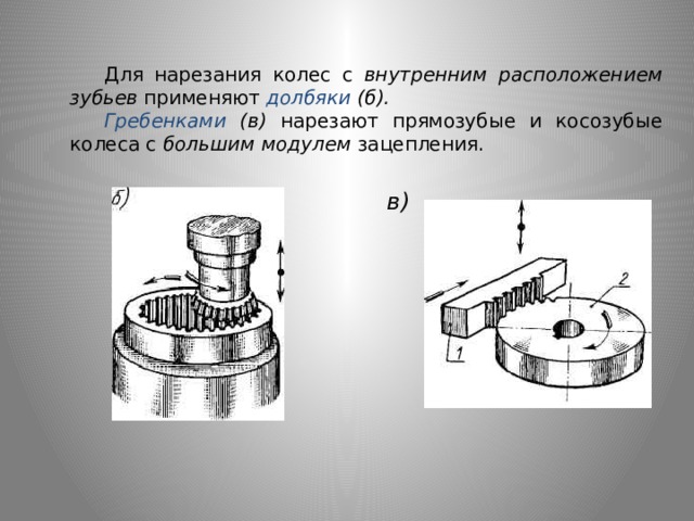  Для нарезания колес с внутренним расположением зубьев применяют долбяки (б).  Гребенками (в) нарезают прямозубые и косозубые колеса с большим модулем зацепления.  в) 