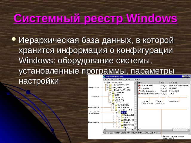 Системный реестр Windows Иерархическая база данных, в которой хранится информация о конфигурации Windows : оборудование системы, установленные программы, параметры настройки 