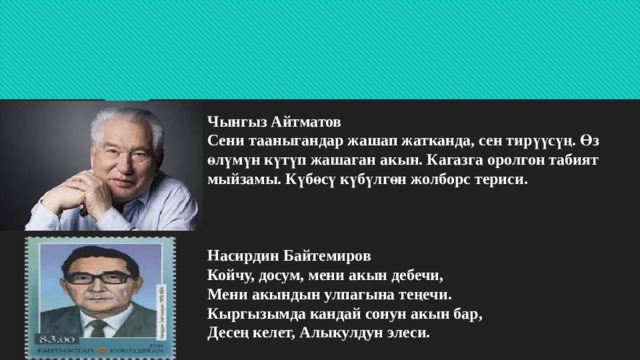 Чынгыз Айтматов  Сени тааныгандар жашап жатканда, сен тирүүсүң. Өз өлүмүн күтүп жашаган акын. Кагазга оролгон табият мыйзамы. Күбөсү күбүлгөн жолборс териси.     Насирдин Байтемиров  Койчу, досум, мени акын дебечи,  Мени акындын улпагына теңечи.  Кыргызымда кандай сонун акын бар,  Десең келет, Алыкулдун элеси.    