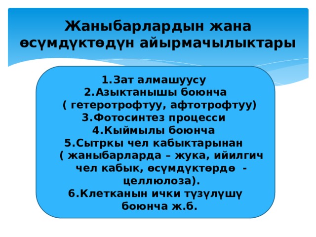 Жаныбарлардын жана өсүмдүктөдүн айырмачылыктары Зат алмашуусу Азыктанышы боюнча ( гетеротрофтуу, афтотрофтуу) Фотосинтез процесси Кыймылы боюнча Сытркы чел кабыктарынан ( жаныбарларда – жука, ийилгич чел кабык, өсүмдүктөрдө - целлюлоза). Клетканын ички түзүлүшү боюнча ж.б. 