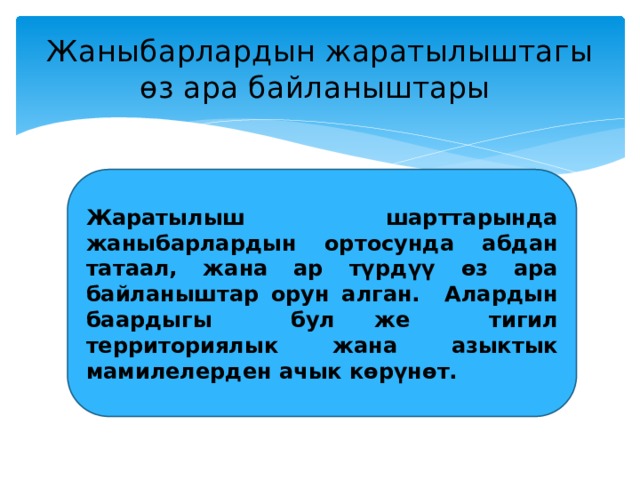 Жаныбарлардын жаратылыштагы өз ара байланыштары Жаратылыш шарттарында жаныбарлардын ортосунда абдан татаал, жана ар түрдүү өз ара байланыштар орун алган. Алардын баардыгы бул же тигил территориялык жана азыктык мамилелерден ачык көрүнөт. 