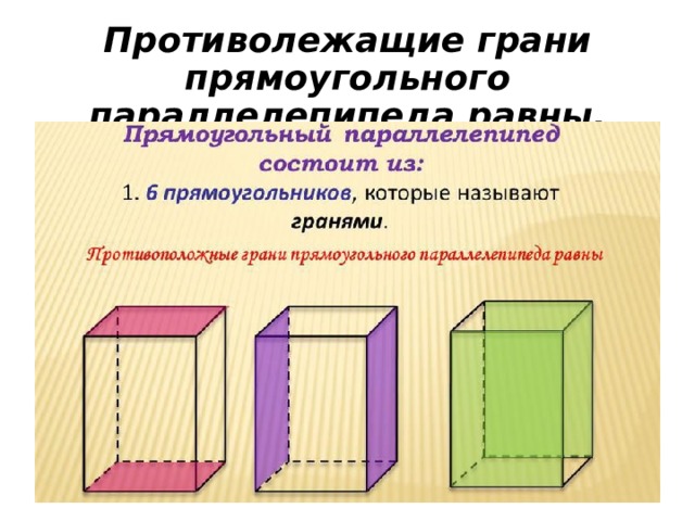 Грани прямоугольного параллелепипеда. Равные грани прямоугольного параллелепипеда. Противолежащие вершины параллелепипеда. Противолежащие грани параллелепипеда. Противолежащие грани прямоугольного параллелепипеда равны.