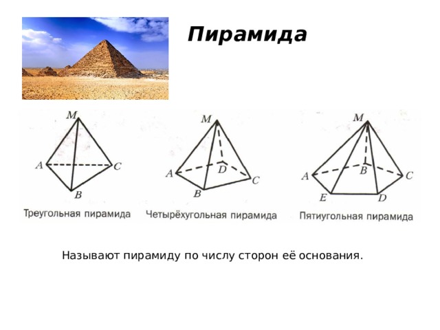 Пирамида Называют пирамиду по числу сторон её основания. 