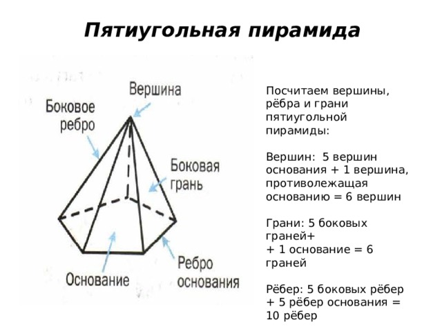 Пятиугольная пирамида Посчитаем вершины, рёбра и грани пятиугольной пирамиды: Вершин: 5 вершин основания + 1 вершина, противолежащая основанию = 6 вершин Грани: 5 боковых граней+ + 1 основание = 6 граней Рёбер: 5 боковых рёбер + 5 рёбер основания = 10 рёбер 